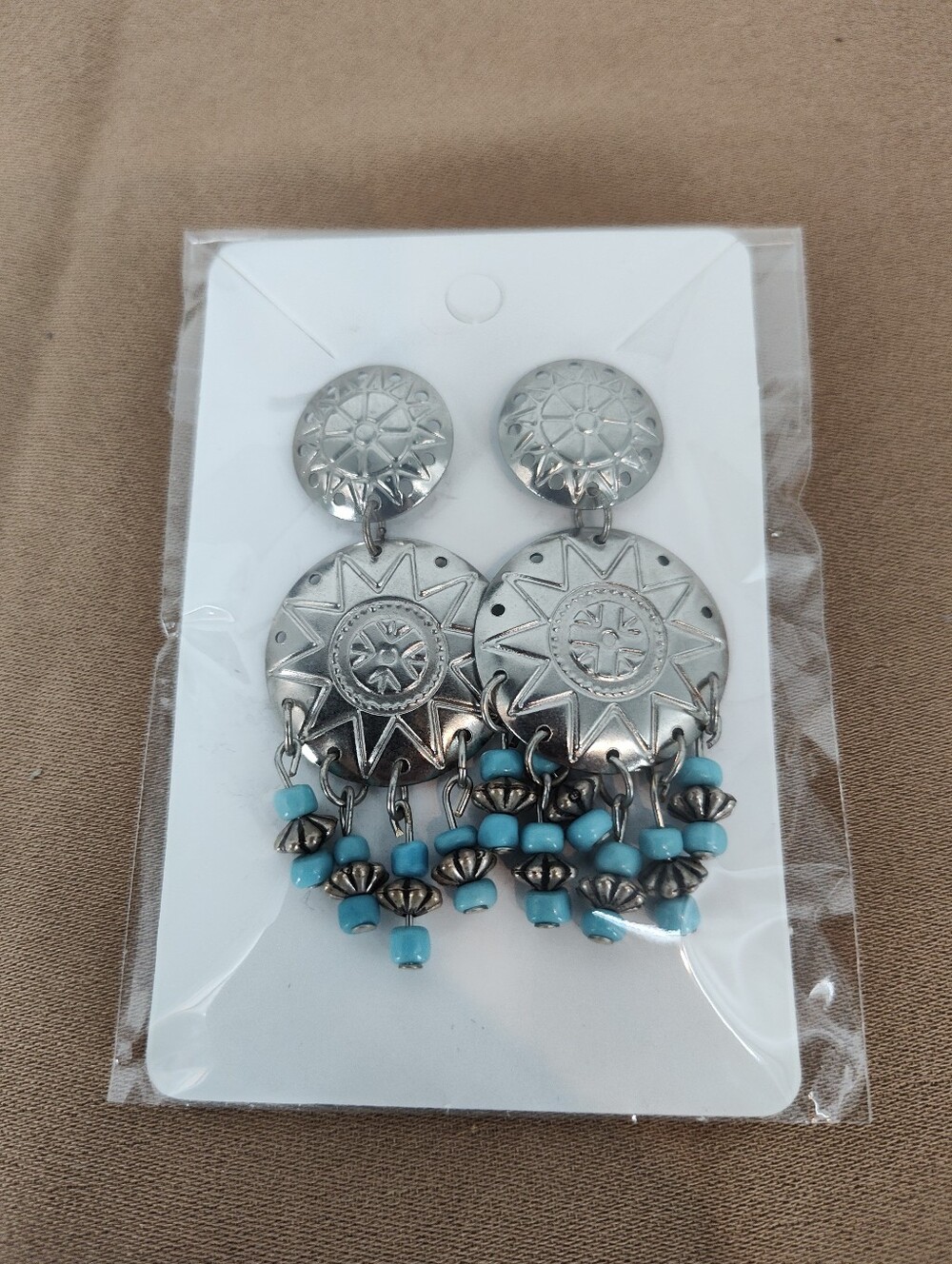 New Silver Native Look Dangle Stud Earrings with Turquoise Beads